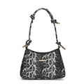 Retro leopard print shoulder bag with knotted rope strap and gold metal hardware accents - Black