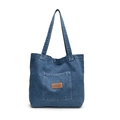 Borsa tote in denim blu con patch in pelle marrone e cuciture bianche a contrasto - Senza ciondolo / Azzurro