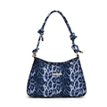 Blue leopard print underarm bag with unique knotted strap and gold hardware accents - Blue