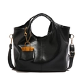 Retro black leather bucket bag with gold chain pendant and detachable shoulder strap - Black