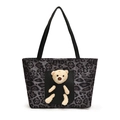 Chic leopard print tote bag with 3D teddy bear detail and black leather shoulder straps - Black