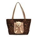 Large leopard print tote bag with a cute 3D plush bear head and brown shoulder straps - Brown