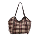 Borsa tote in tela a quadretti rosa e marroni con manici in pelle e fibbia d'argento - Rosa