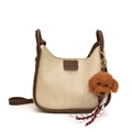 Sac à bandoulière crème minimaliste avec bordure marron et charmant ours en peluche - Avec Ornement / Blanc