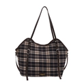 Borsa tote vintage in tela a scacchi neri e marroni con manici in ecopelle scura - Blu