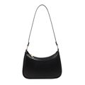 Minimalist black faux leather crescent shoulder bag with golden zipper on white background - Black
