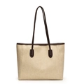 Grand sac cabas beige avec bordure marron, forme trapèze classique pour le travail - Blanc avec Pendentif