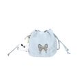 Light blue drawstring bucket bag with silver butterfly charm and cute plush keychain - Blue