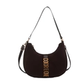 Dark brown crescent suede shoulder bag with gold metal logo and adjustable strap - Brown