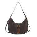Dark grey faux suede crescent shoulder bag with metallic COCREONE logo lettering - Gray