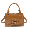 Brown glossy patent leather handbag with bow detail and detachable shoulder strap - Brown