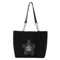 Bolso tote de pana negra con estrella de denim azul y correas de cadena metálica - Negro