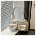 Detail of silver metallic shoulder bag with double front flap pockets and smooth finish - Pearl White
