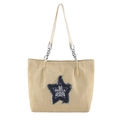 Bolso tote de ante caqui con parche de estrella azul y correa de cadena - Caqui