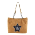 Bolso tote de ante marrón con parche de estrella vaquera azul y correas de cadena chic - Marrón