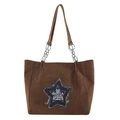 Bolso tote de ante marrón oscuro con estrella de denim y correas de cadena plateada - Marrón