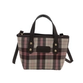Pink checkered tote bag with brown handles and gold rivets on a clean white background - Brown