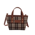 Blue and brown plaid tote bag with leather straps and adjustable shoulder strap - Brown