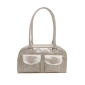 Fashionable champagne gold glossy handbag with front pockets and long handles for women - Pearl White