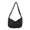 Borsa hobo in denim a scacchi bianchi e neri con frange e ampia tracolla regolabile - Nero