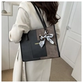 Minimalist large-capacity color-block tote bag with silk scarf and FASHION logo - Black