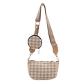 Borsa a tracolla pied de poule con tracolla larga e portamonete tondo beige - Cachi