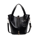 Klassische schwarze Eimertasche aus glänzendem PU-Leder mit Goldschloss und Anhänger - Schwarz