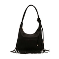 Chic black hobo bag with long fringe tassels and knotted strap on white background - Black
