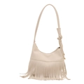 Creamy white hobo shoulder bag with long fringes and decorative knot strap detail - White