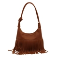 Brown vintage bohemian tassel tote bag with long fringe and knot strap details - Brown