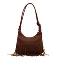 Brown leather hobo bag featuring long tassels and a unique knotted handle design - Brown