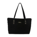 Minimalist black faux fur tote bag with premium leather straps and gold rivets - Black