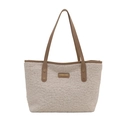 Plush faux fur tote bag in creamy white with brown faux leather handles for autumn and winter - Off White