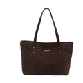 Dark brown faux shearling tote bag with leather handles and metallic rivet details - Brown