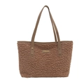Brown fuzzy teddy tote bag with faux leather straps and a central fashion brand patch - Khaki