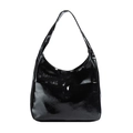 Glossy black patent leather tote bag with a minimalist shoulder strap and front pocket - Black