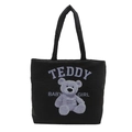 Schattige zwarte gewatteerde puffer tas met paarse teddybeer print en zachte handvaten - Zwart