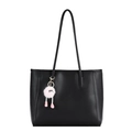 Minimalist black leather tote bag with a pink plush doll charm on white background - Black (With Charm)