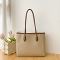 Minimalist beige tote bag with brown straps and vertical stitching detail - No Pendant / Khaki