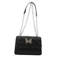 Black embossed fashion shoulder bag with silver butterfly clasp and chain strap - Black