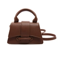Brown litchi grain leather trapezoid handbag with top handle and adjustable shoulder strap - Brown