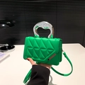 Bright green quilted leather bag with unique silver geometric metal handle and strap - Green