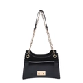Glossy black underarm bag with gold chain strap and metallic buckle closure - Black