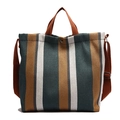 Bolso tote de lona a rayas en verde, amarillo y beige con correas marrones - Azul