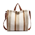 Minimalist striped canvas tote bag with brown handles and adjustable shoulder strap - Brown