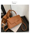 Elegant brown textured small square handbag with golden metal buckle and top handle - Dark Brown