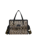 Bolso tote retro de leopardo con asas de PU negro y bandolera con letras amarillas - Marrón