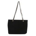 Women's black woven tote bag with metallic chain strap and textured diamond pattern - Black