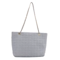 Light gray quilted tote bag with metallic chain strap and textured grid pattern fabric - Blue