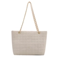Elegant cream tote bag with checkered relief texture and gold chain strap - White